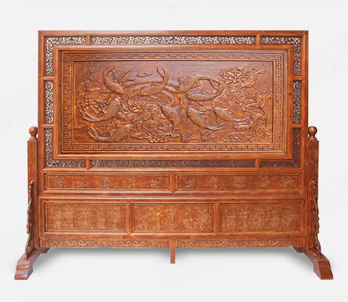 年年有鱼木雕落地屏风